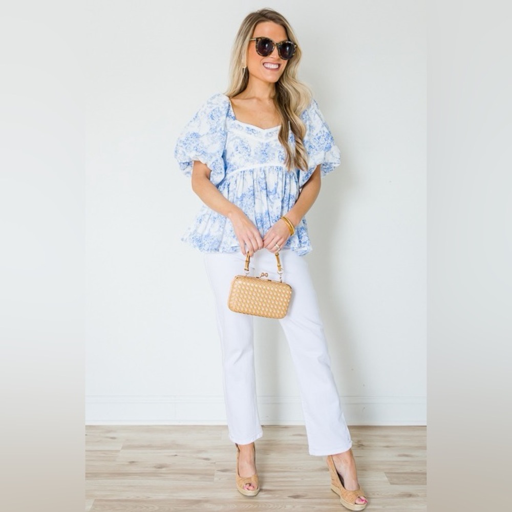 Blue Door Boutique: Chinoiserie Peplum Top, Blue, Size Medium